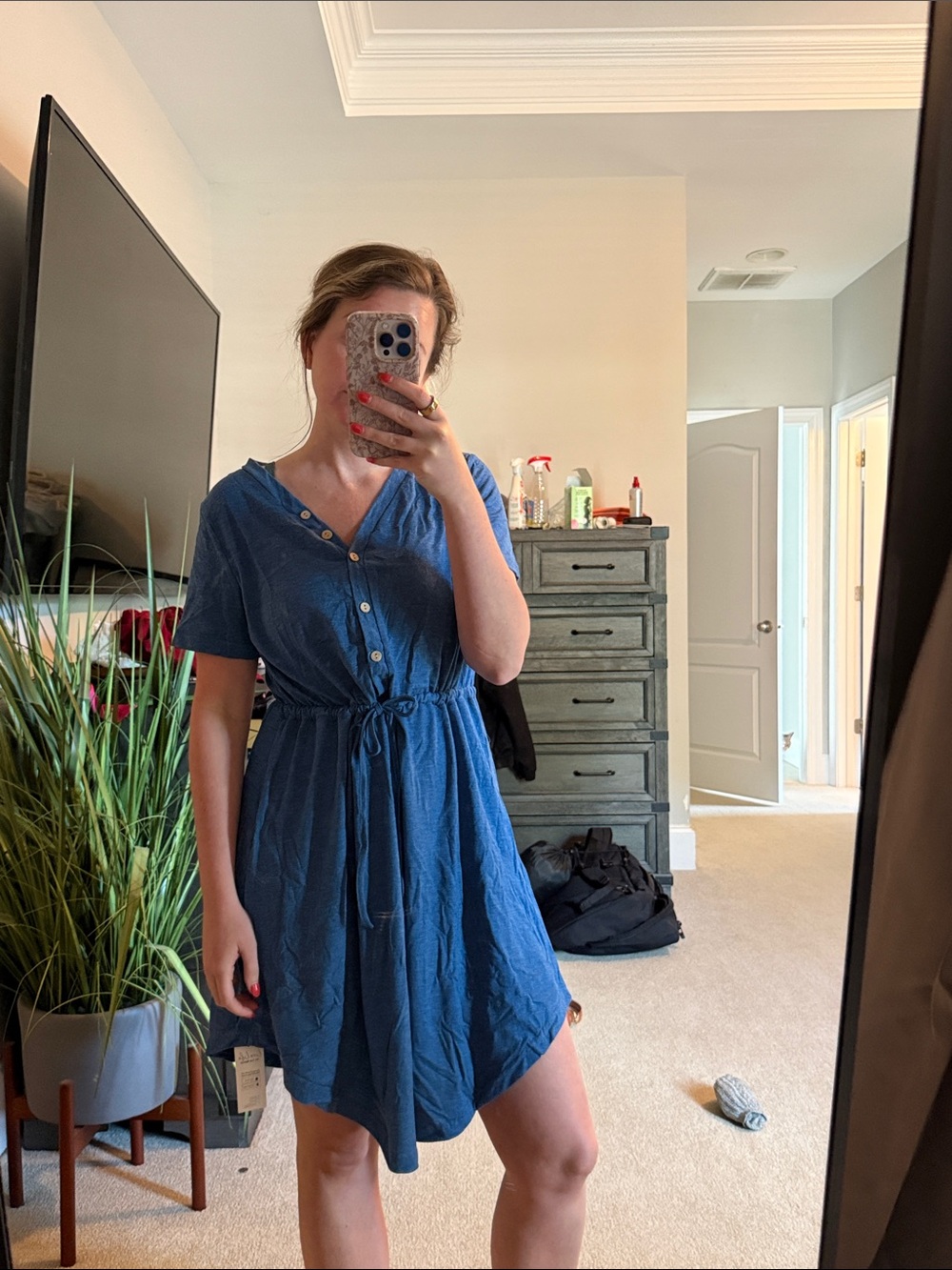 Casual Blue V-Neck Drawstring Women’s Dress